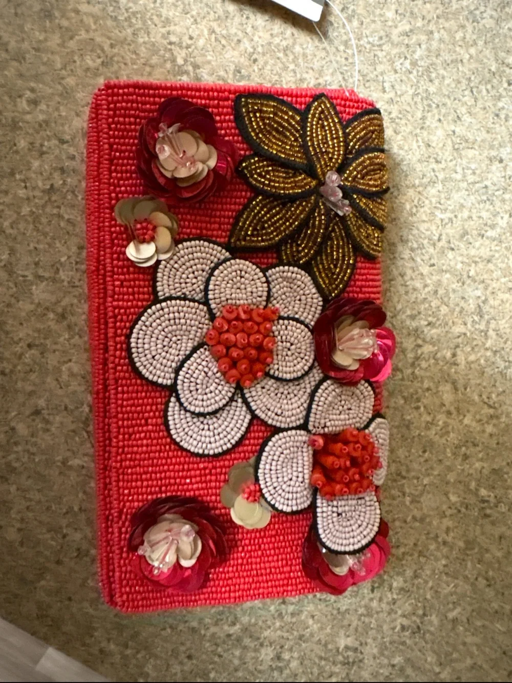 Maeve 3D Red Beaded Floral Clutch with Gold Chain
